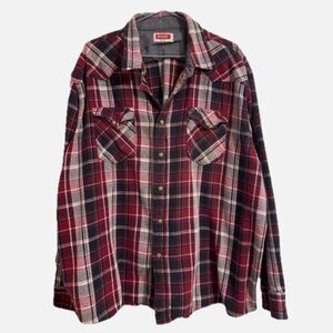 Wrangler heavy flannel western shirt with pearl snap buttons.
